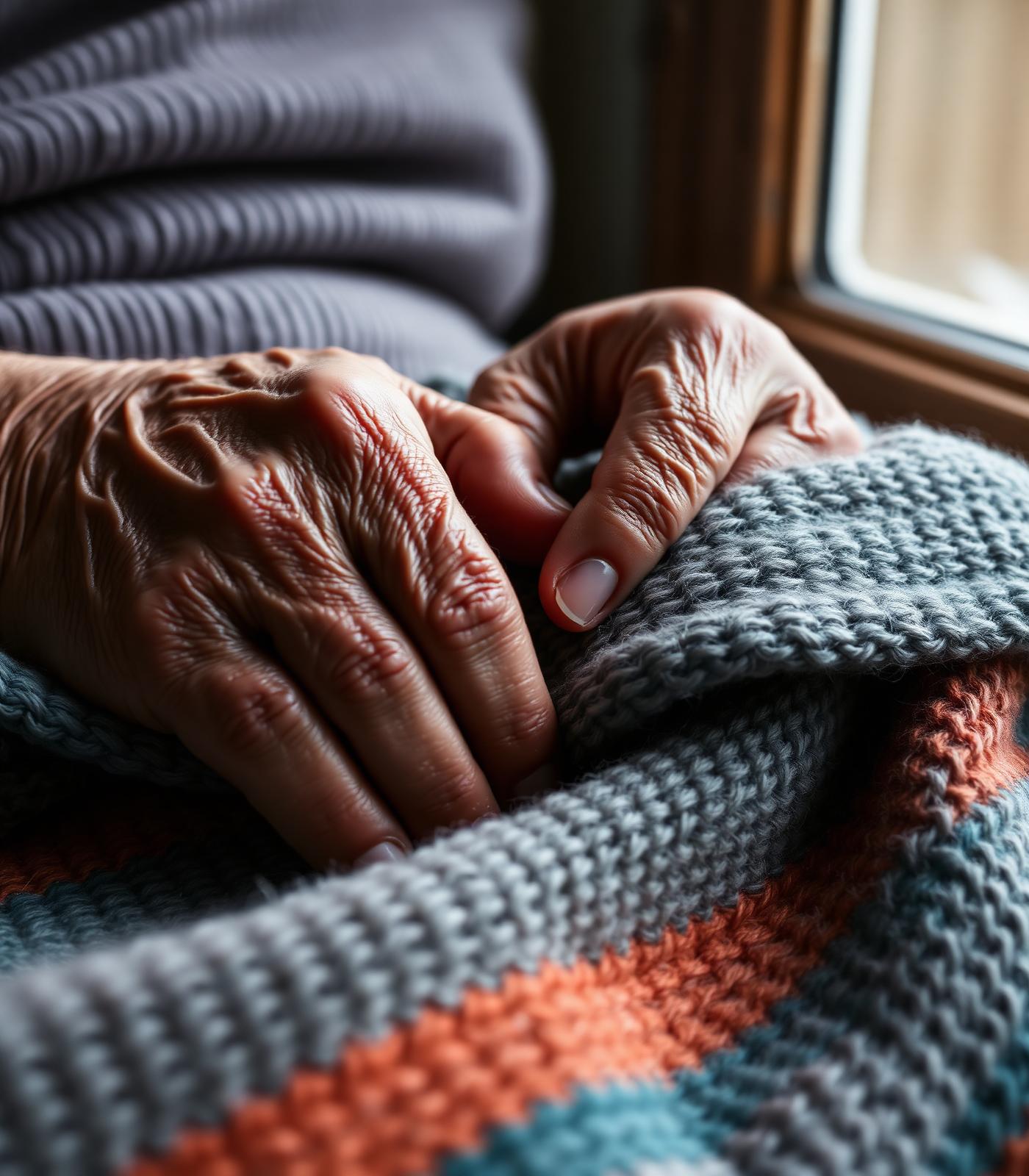 Hands resting on a knit blanket